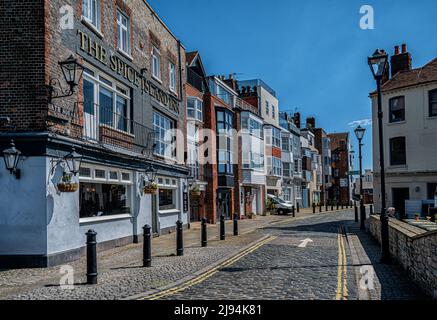 View of the cobbled streets of Old Portsmouth and Spice Island. Stock Photo