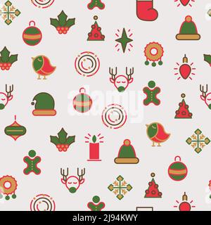 Happy Christmas symbols seamless pattern with different kind of gifts and holly toys with line colorful on the blue field hand drawn icons vector illu Stock Vector