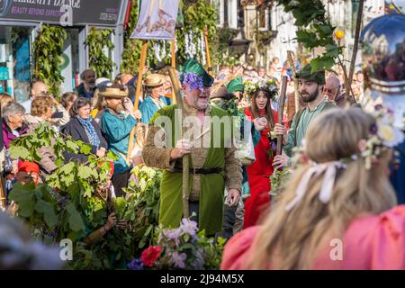 The Flora Day Hal-An-Tow dance underway in Helston, Cornwall. The May festival is a celebration of the passing of winter and the arrival of spring. Re Stock Photo