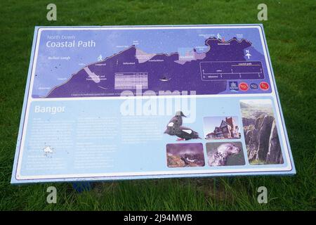 A sign showing a guide to the North Down Coastal Path at Bangor after the announcement that Bangor in Northern Ireland has been awarded city status to mark the Queen's Platinum Jubilee. Bangor is one of eight places across the UK and beyond that triumphed in a competition to receive civic honours. Picture date: Friday May 20, 2022. Stock Photo