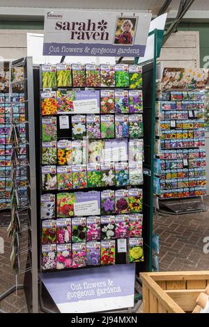 Sarah Raven seeds on sale in a garden centre, cut flowers seed packets, UK Stock Photo