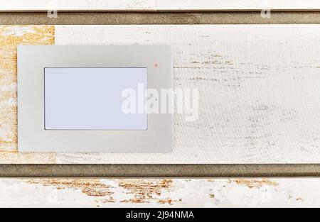 Close-up view white smart home automation system on wooden background with copy space backdrop. Modern tech, comfort living concept Stock Photo
