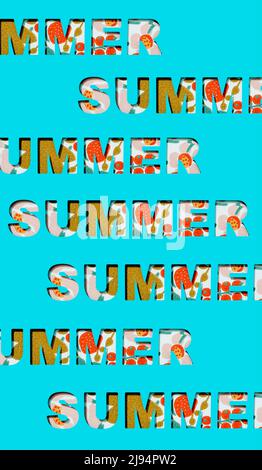 the word summer cut out several times on a blue paper, and a floral background seen through the cutout letters Stock Photo