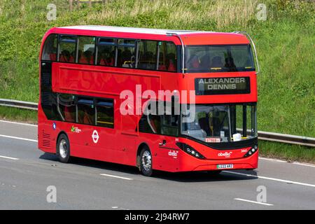 ALEXANDER DENNIS,; 2022 Empty Abellio London BYD ENVIRO 400 EV 3441 Elecric Double Decker bus with trade plates; driving on the M61 Motorway, Manchester, UK Stock Photo