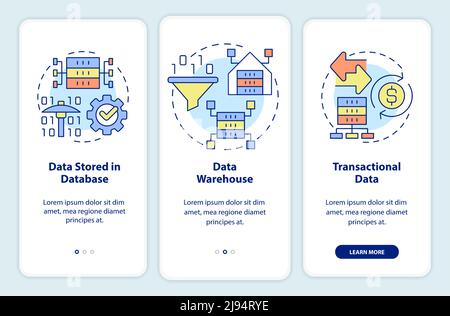 Types of data that can be mined onboarding mobile app screen Stock Vector