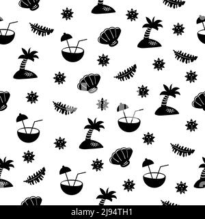 Summer elements, black and white seamless pattern Stock Vector