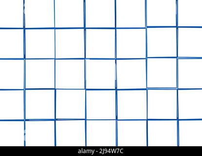 White ceramic tile background with blue seams in contemporary style. Crooked spoiled mosaic. High quality photo