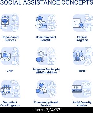 Social assistance light blue concept icons set Stock Vector