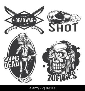 Set of zombie emblems, labels, badges, logos. Isolated on white Stock Vector