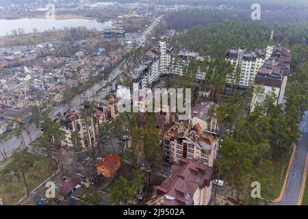 Irpin, Kyev region Ukraine - 09.04.2022: The aerial view of the destroyed and burnt buildings. The buildings were destroyed by russian rockets and min