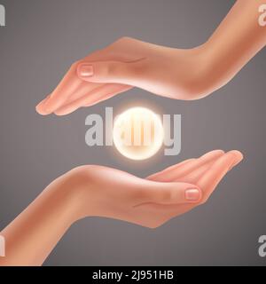 Vector illustration of human hands holding brightly sphere, isolated on background Stock Vector