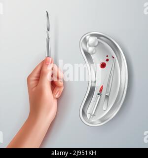 Vector hand holding scalpel and medical instruments in tray, isolated on background Stock Vector