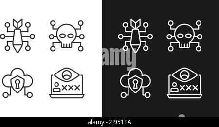 Malicious online activity pixel perfect linear icons set for dark, light mode Stock Vector