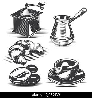 Set of coffee and equipment, a croissant for creating your own badges, logos, labels, posters etc. Isolated on white. Stock Vector