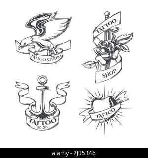 Set of tattoo emblems, labels, badges, logos. Isolated on white Stock Vector