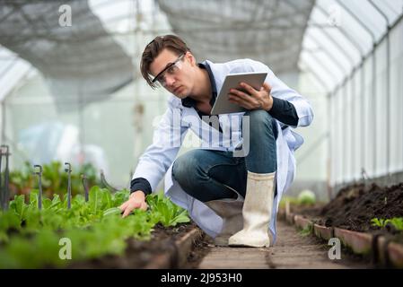 Portrait of handsome agricultural researcher holding tablet while working on research at plantation in industrial greenhouse Stock Photo