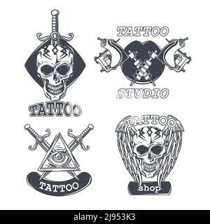 Set of tattoo emblems, labels, badges, logos. Isolated on white Stock Vector