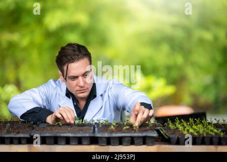 Portrait of handsome agricultural researcher working on research at plantation in industrial greenhouse Stock Photo