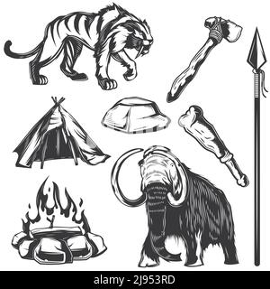 Set of ancient animals and apps elements for creating your own badges, logos, labels, posters etc. Isolated on white. Stock Vector