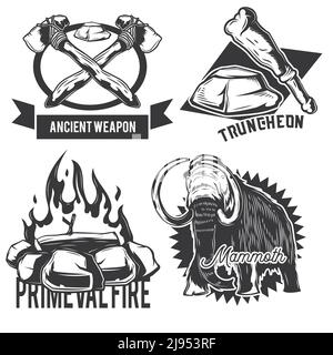 Set of ancient animals and facilities emblems, labels, badges, logos. Isolated on white Stock Vector