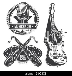 Set of different musical instruments emblems, labels, badges, logos. Isolated on white. Stock Vector