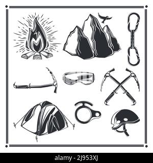 Set of camping elements (mountains, tent, helmet, campfire etc.) for creating your own badges, logos, labels, posters etc. Isolated on white. Stock Vector