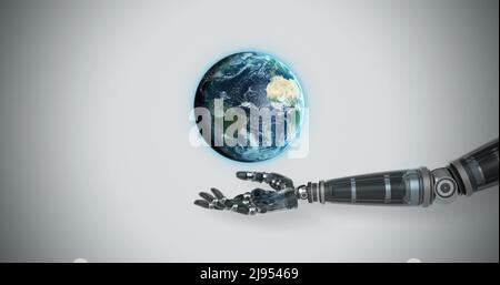 Robotic hand presenting digital globe Stock Photo - Alamy