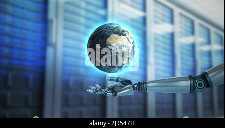 Robotic hand presenting digital globe Stock Photo - Alamy
