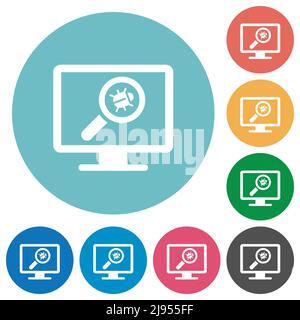 Virus scanning on computer flat white icons on round color backgrounds Stock Vector