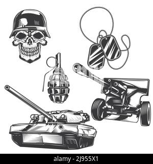 Set of military elements (tank, bomb, insignia etc.) for creating your own badges, logos, labels, posters etc. Isolated on white. Stock Vector