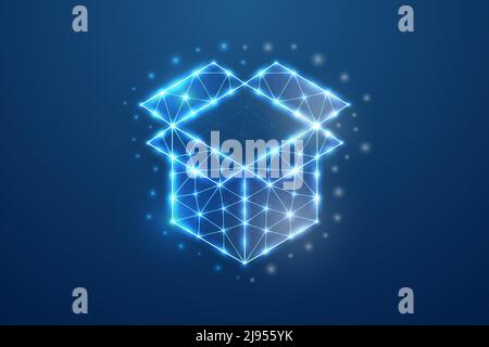 Open box 3d symbol in blue low poly style. Delivery, package, cargo design concept vector illustration. Giftbox polygonal wireframe. Stock Vector