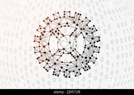 Gear 3d low poly symbol with binary code background. Technology design vector illustration. Gear wheel polygonal symbol with connected dots Stock Vector