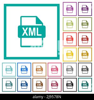 XML file format flat color icons with quadrant frames on white background Stock Vector