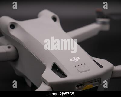 May 2022, UK: DJI Mini 3 Pro Drone. DJI logo, vents and battery lights. Stock Photo