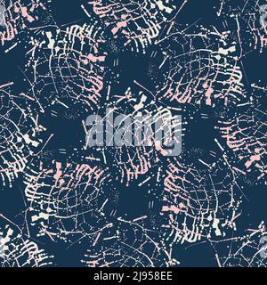 Grunge abstract painterly swirl vector seamless pattern background. Pink white swirling circles on navy blue backdrop. Irregular streaks craquelure Stock Vector