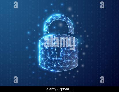 Lock polygonal symbol with binary code background. Antivirus concept design vector illustration. Cyber security low poly symbol with connected dots Stock Vector