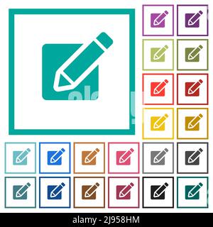Editing box with pencil solid flat color icons with quadrant frames on white background Stock Vector