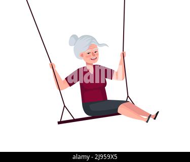 Smiling swinging grandmother. Happy elderly female relaxing and riding on swing. Senior granny have fun on children seesaw. Vector old woman feeling freedom and happiness eps illustration Stock Vector