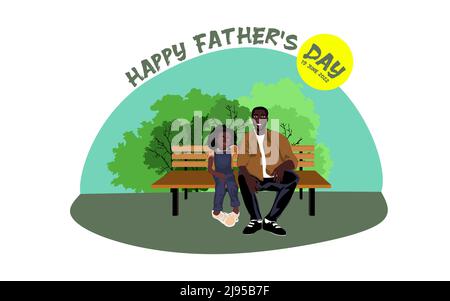 Happy African American family sits on a park bench in sunny weather vector illustration Stock Vector