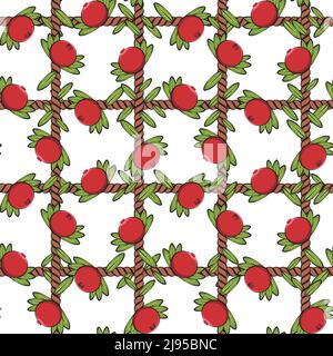 Seamless pattern, net of the cord with cranberries, lingonberries. Colored vector background. Stock Vector