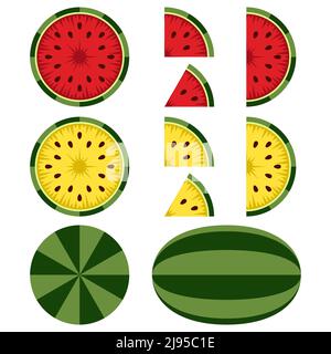 Set of illustrations with red and yellow watermelon. Isolated vector objects on a white background. Stock Vector
