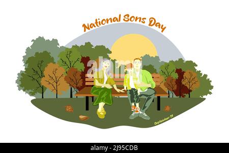 Happy European family sits on a park bench in sunny weather vector illustration Stock Vector