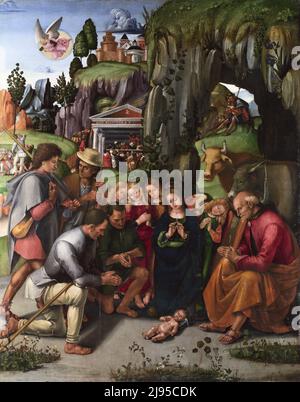 Luca Signorelli. Painting entitled 'The Adoration of the Shepherds' by the Early Italian Renaissance painter,  Luca Signorelli (c. 1441/1445-1523), oil on wood, c. 1496 Stock Photo