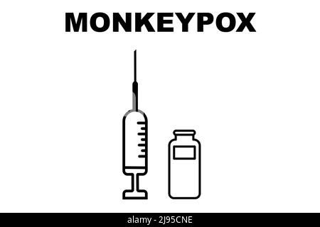 Vaccine. Monkeypox. Smallpox vaccine. Design of a vaccine with the injection, the syringe and the vial. Vaccine for monkeypox. Clade 2. Stock Photo