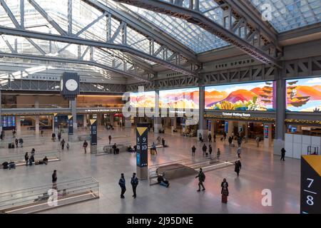 Moynihan Train Hall, an expansion of Penn Station in the former James A. Farley Post Office Building, has access to the Long Island Railroad & Amtrak. Stock Photo