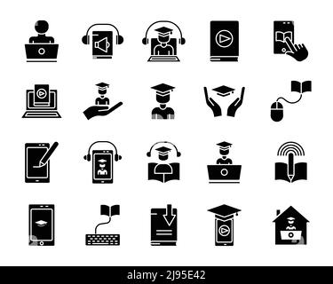 Online education vector icon set. Virtual education, Electronic learning. Solid icon style, glyph. Simple design illustration editable Stock Vector