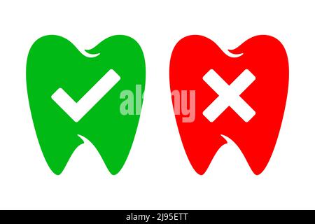 Healthy and damaged human tooth icon vector set. Good and bad condition tooth medical logo with a checkmark. Stock Vector
