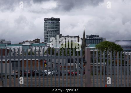 View looking across old industrial area of Deritend and Digbeth towards the City Centre and the iconic Rotunda building on 4th May 2022 in Birmingham, United Kingdom. Birmingham is undergoing a massive transformation called the Big City Plan which involves the controversial regeneration of the city centre as well as a secondary zone reaching out further. The Big City Plan is the most ambitious, far-reaching development project being undertaken in the UK. The aim for Birmingham City Council is to create a world-class city centre by planning for the next 20 years of transformation. Stock Photo