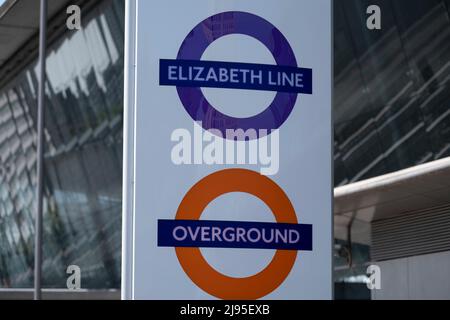 Sign outside Stratford station for the Elizabeth Line  and Overground on 18th May 2022 in London, United Kingdom. The Elizabeth line is to run services on Crossrail in Central London and to the west along the Great Western Main Line; and east along the Great Eastern Main Line. The the line will open to the public on 24th May 2022. The project has been subject to long delays, originally supposed to open in December 2018, and is vastly over budget by £4bn. Stock Photo