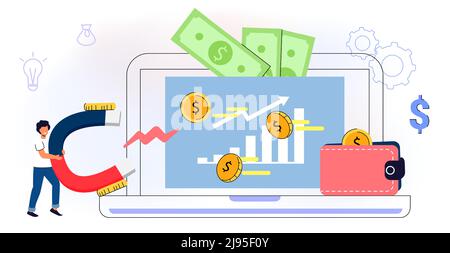 Monetization concept Flat tiny persons vector illustration Online e-commerce marketer analyzing blog content and generating income with ad placements Stock Vector